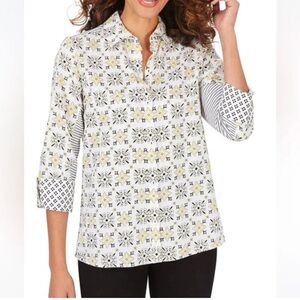 Foxcroft White Split-Neck Tunic with Yellow & Black Print Sz 14